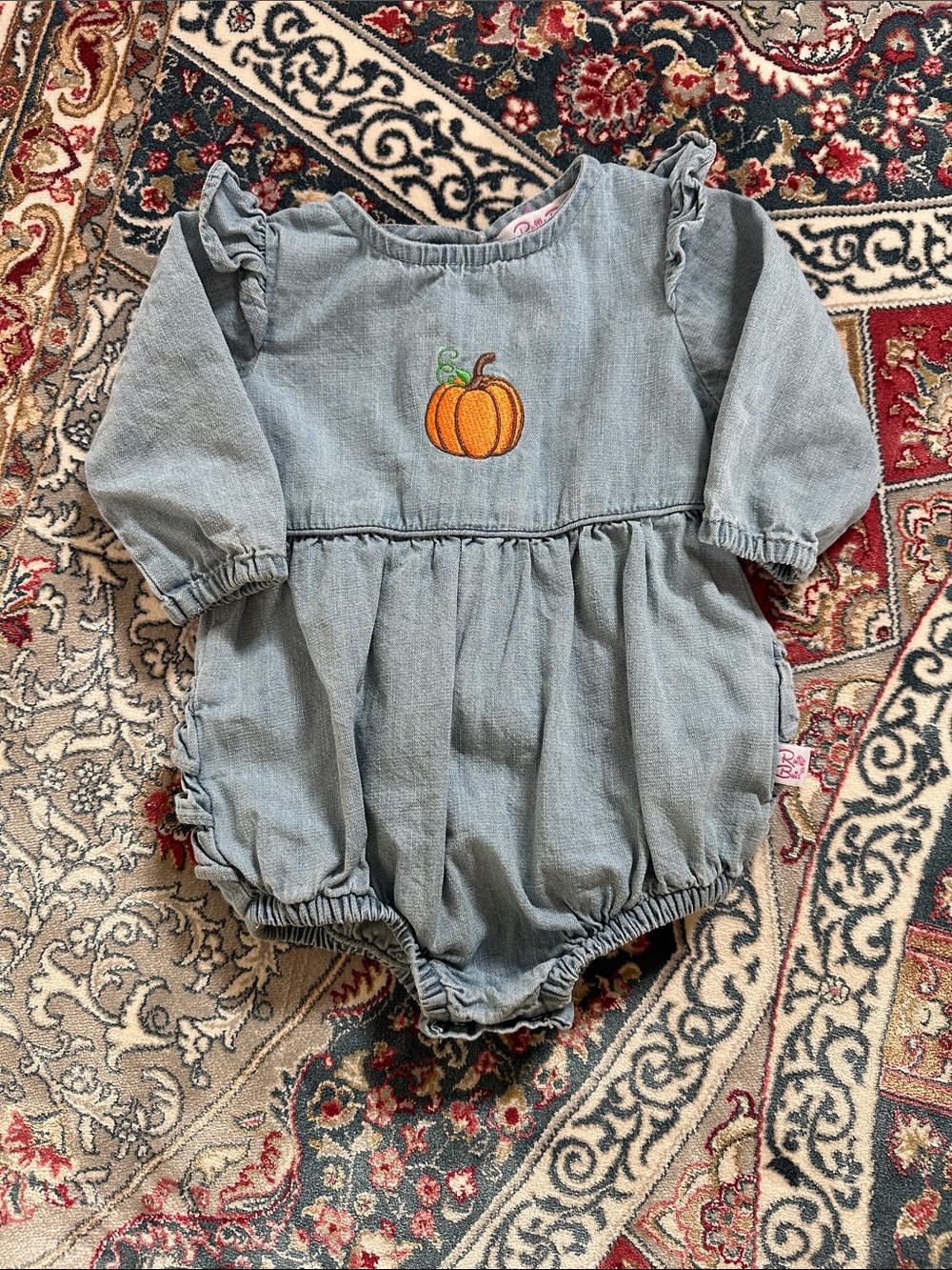 Ruffle Butts Light Blue Denim bubble with pumpkin Embroidery
